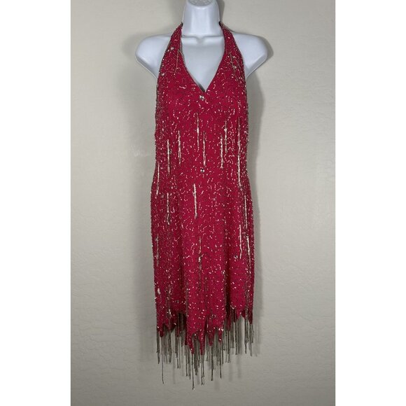 VTG 90’s Y2K Nite Line Hot Pink Beaded Tassel Bombshell Dress 2 Read Measurmnt - Picture 3 of 16